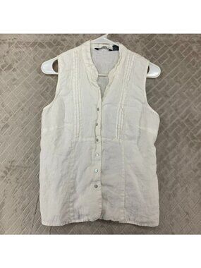 Carol Little Blouse Womens Medium White Linen Button Up Sleeveless Coastal Beach